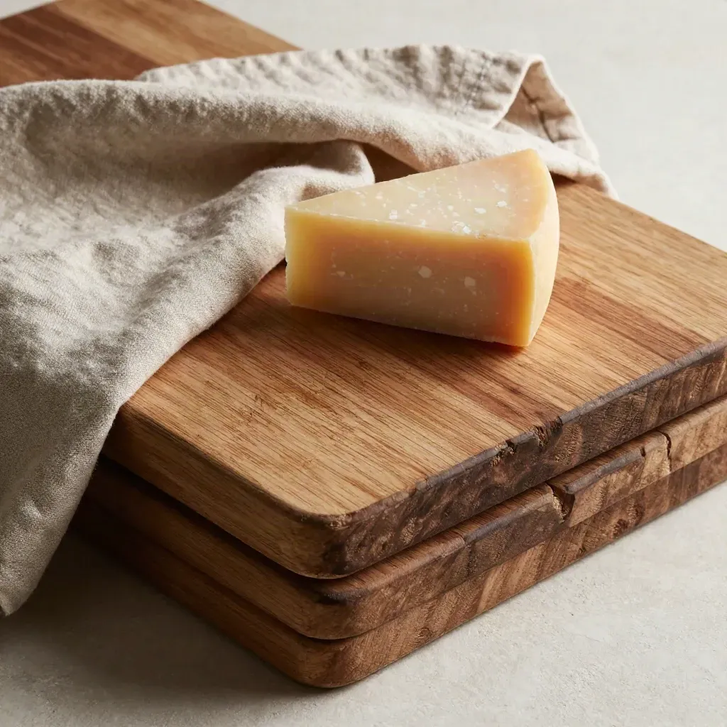 Tagliere in legno d’ulivo, lino piegato e forma di parmigiano su fondo chiaro.