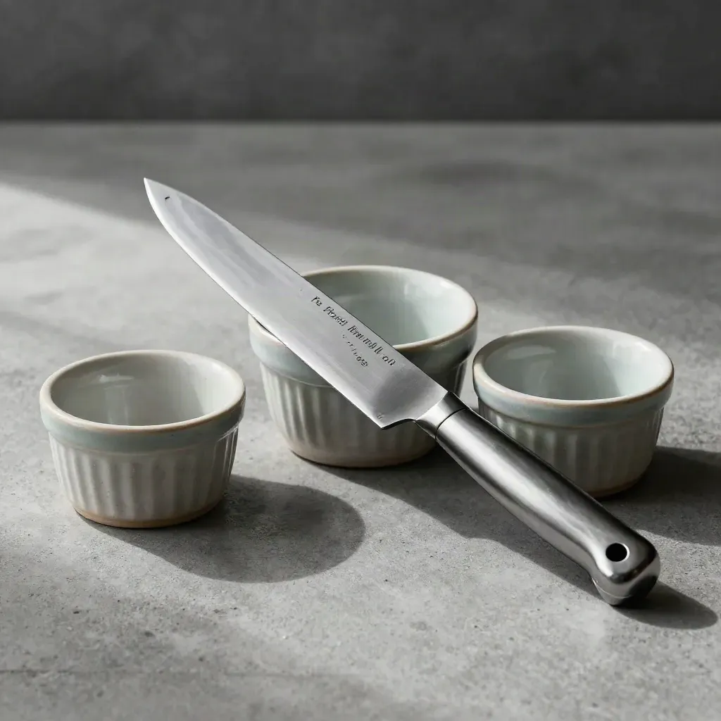 Coltello affilatore, coltello da salumi e tre ciotole in ceramica su cemento grigio