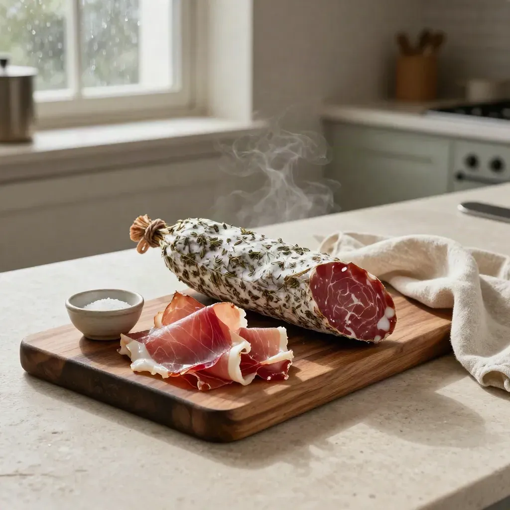Salame, prosciutto e pancetta su tagliere di noce con luce morbida in studio.