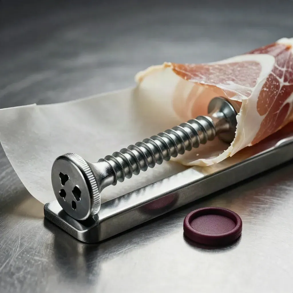 Vite per prosciutto, culla di stagionatura e carta pergamena su metallo spazzolato.