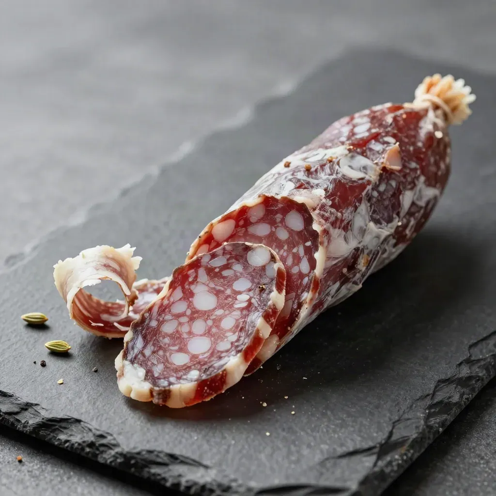 Salame al finocchio in macro con spago da macellaio e pepe nero su pietra.