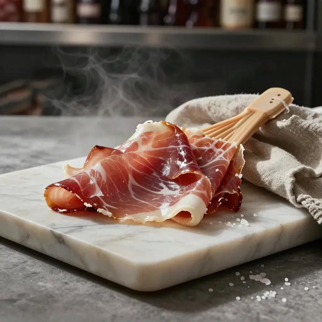 Prosciutto crudo su lastra di marmo, con luce drammatica e vapore freddo.