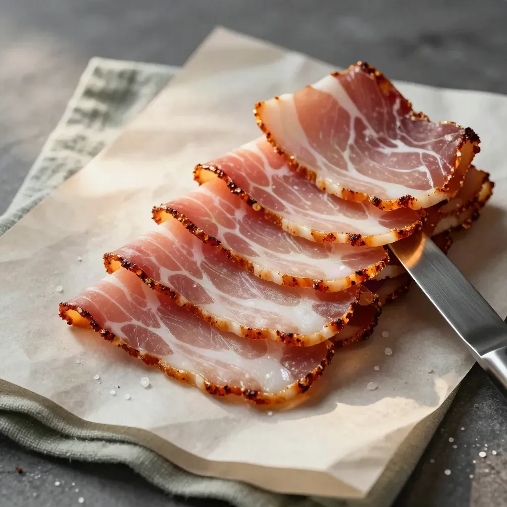 Fette di pancetta, coltello e sale marino su carta pergamena con un accento salvia.