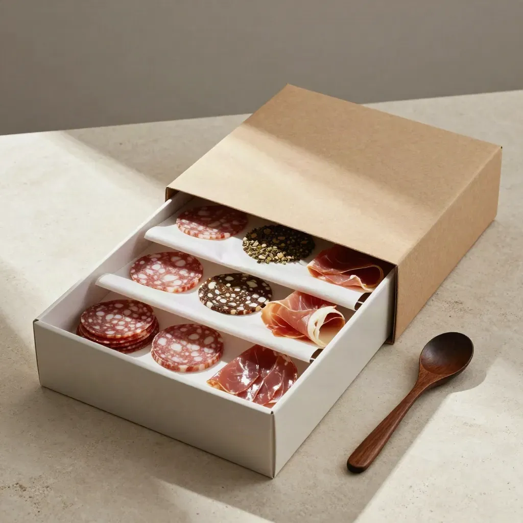 Scatola degustazione aperta con quattro vaschette di salumi su carta cerata e luce morbida.