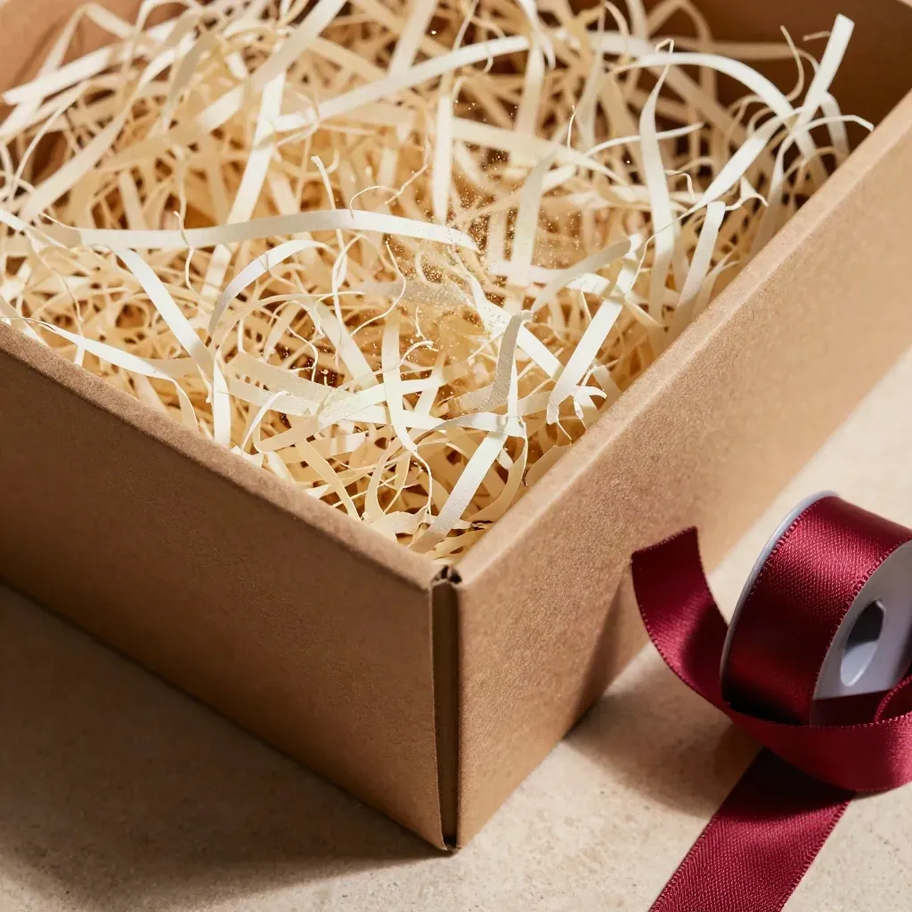 Angolo di cesto regalo con carta sfilacciata, nastro bordeaux e scatola kraft su fondo neutro.