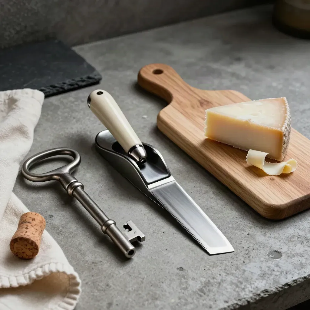 Cavatappi da vino, affettatrice per formaggio e tagliere in legno d’olivo su cemento, luce drammatica.