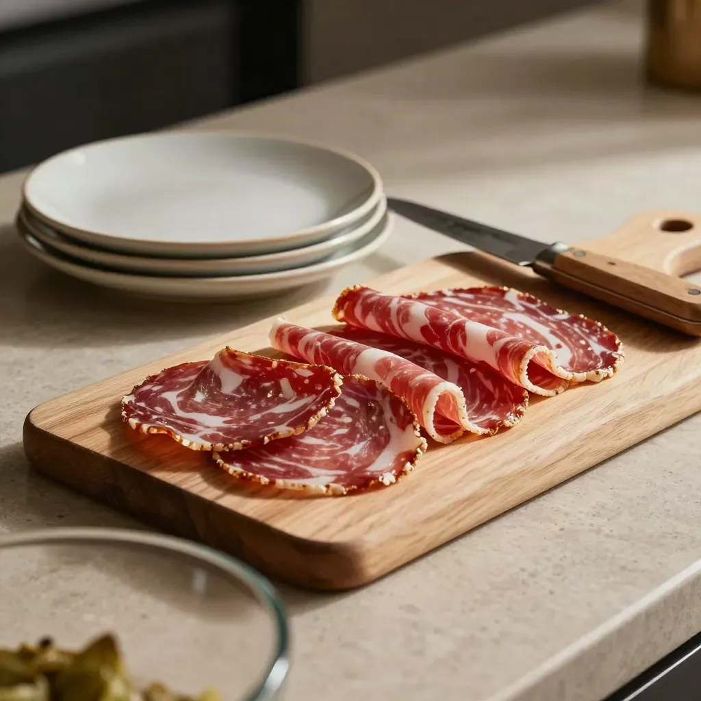 Tagliere con salumi affettati, piatti in ceramica e coltello da pane su fondo di pietra.