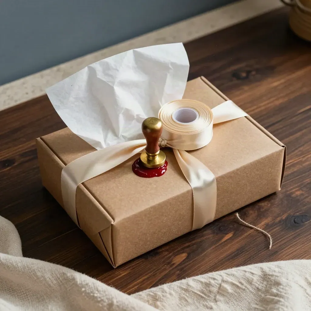Scatola regalo in kraft con carta velina, nastro e sigillo in cera su banco in legno scuro.