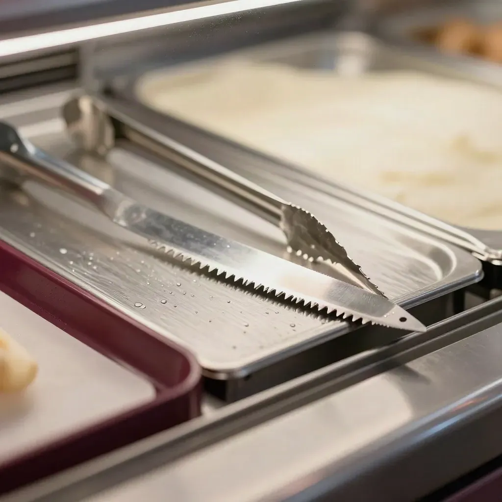 Dettaglio macro di affettatrice, pinze e vassoio refrigerato in un banco salumi
