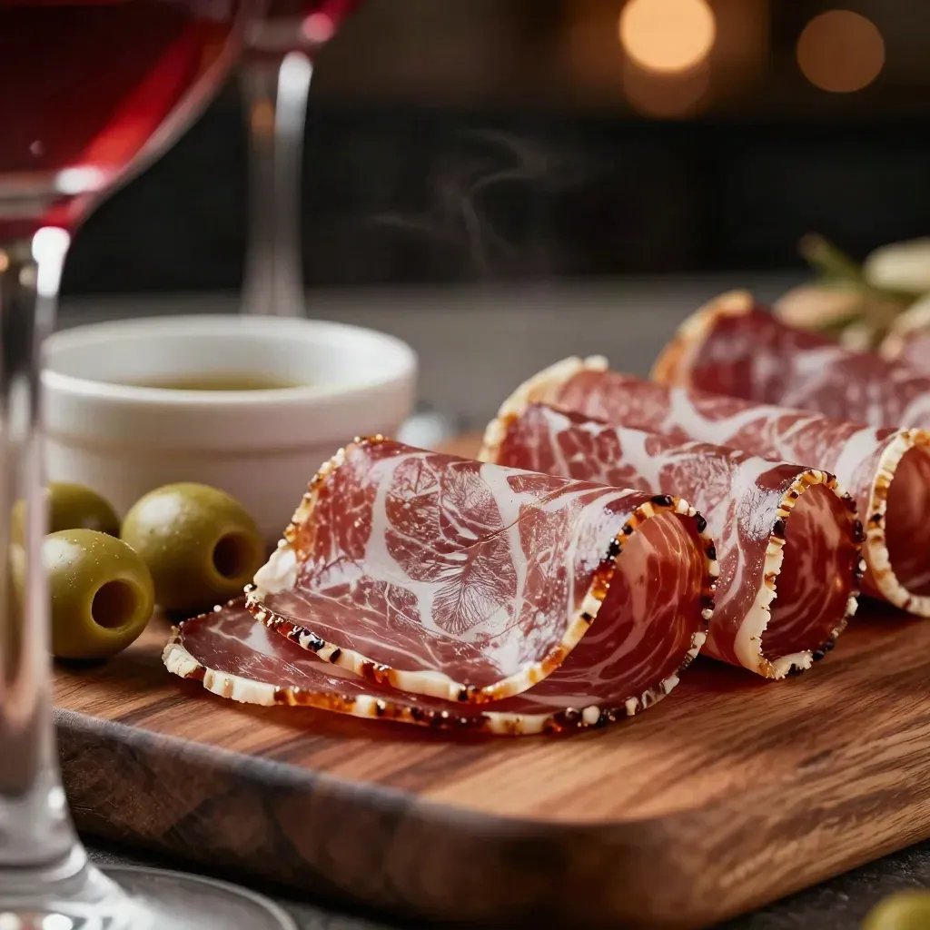 Tagliere di salumi con olive verdi, ciotola in ceramica e bicchiere da aperitivo su tavolo caldo.