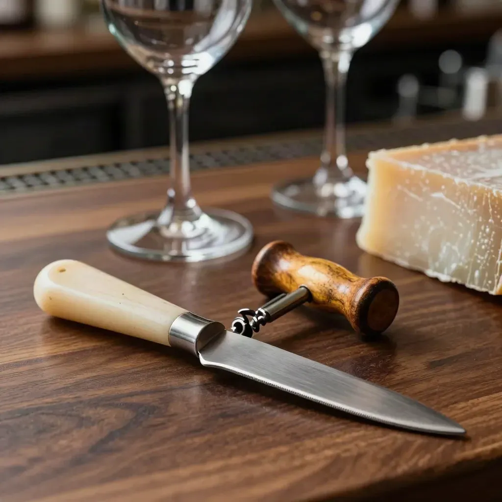 Coltello da formaggio e cavatappi su banco bar con due calici sfocati e luce soffusa