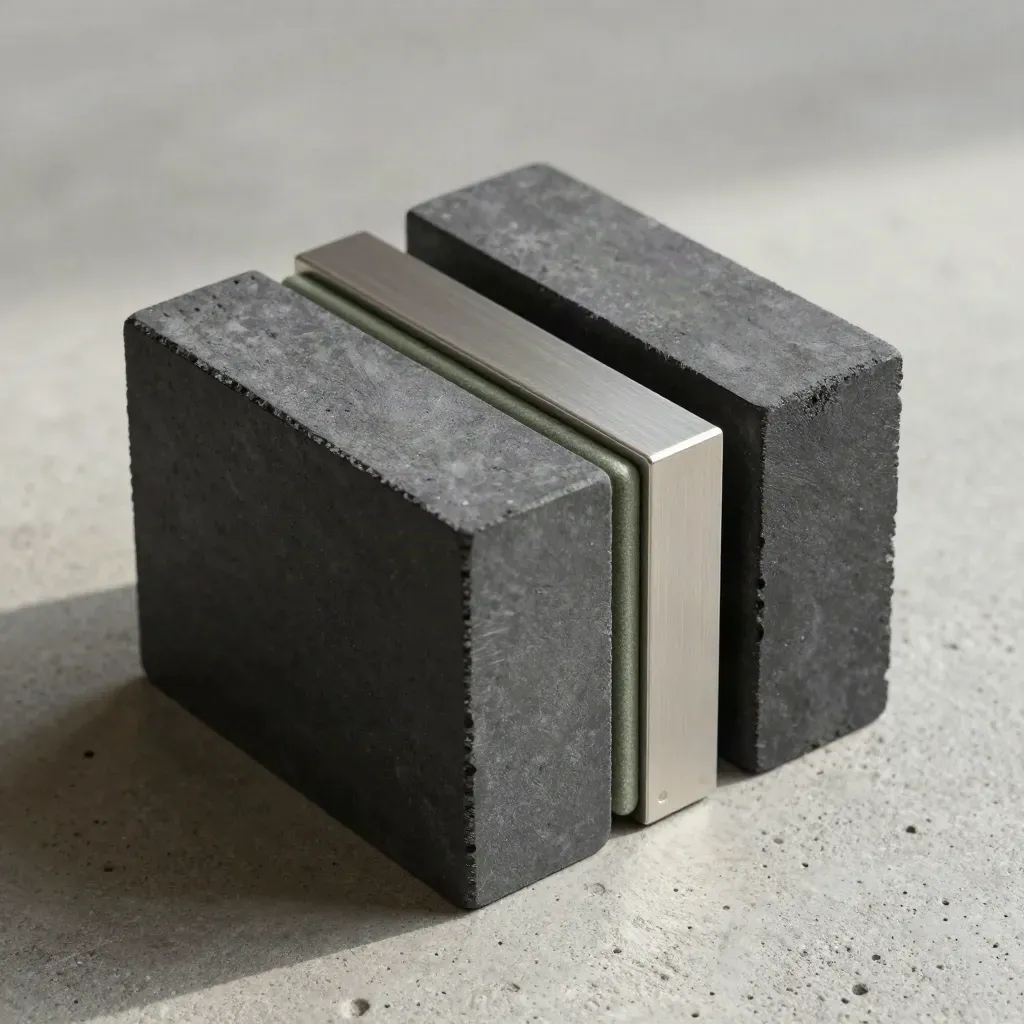 Blocchi carbone, distanziatori in alluminio e barra magnetica su cemento, luce morbida dall’alto